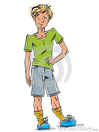 Bright vector full-length drawing of a fair-haired cool Caucasian teenager, colorful cartoon hand-drawn blond youngster wearing g Vector Illustration