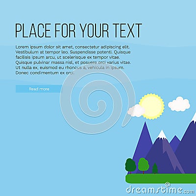 Bright vector illustration with mountains, trees, sun, clouds and place for text. Vector Illustration