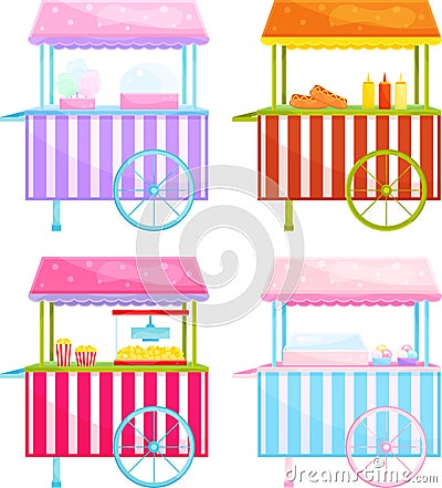 bright vector illustrations, set carts with street food, kiosks with fast food Vector Illustration