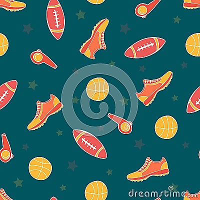 Bright vector seamless pattern with sports objects. Vector Illustration