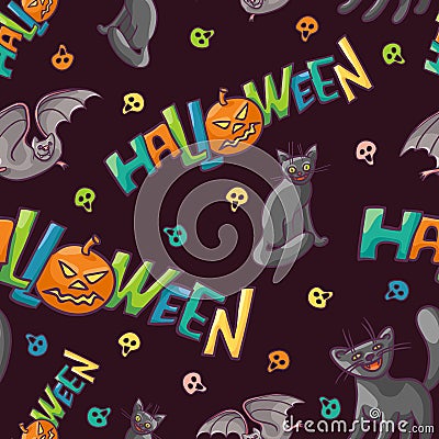 Bright vector seamless pattern to all saints day. Children celebration Halloween. Funny black cats funny flying mouse. A Vector Illustration