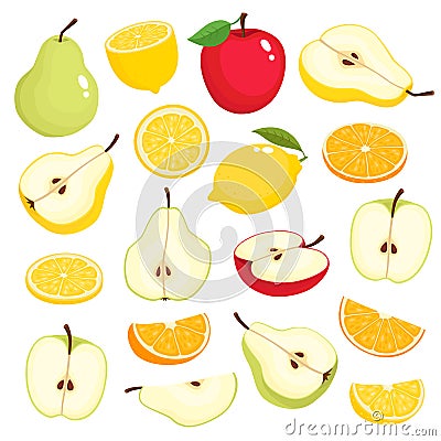 Bright vector set of colorful apple, pear, lemon, orange. Vector Illustration