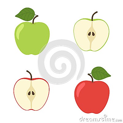 Bright vector set of colorful half and whole of juicy apple. Fresh cartoon apples on white background. Vector Illustration