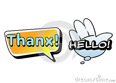 Bright vector Thanx and Hello speech bubbles. Colorful emotional icons isolated on white background. Comic and cartoon style. Stock Photo