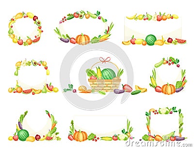 Bright Vegetable Frame with Ripe and Fresh Agricultural Cultivar Vector Set Vector Illustration