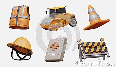 Bright vest, road roller, signal cone, construction helmet, bag of cement, portable barrier Vector Illustration