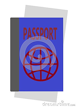 A bright vibrant indigo dark blue passport book with a light grey paper slip within white backdrop Cartoon Illustration