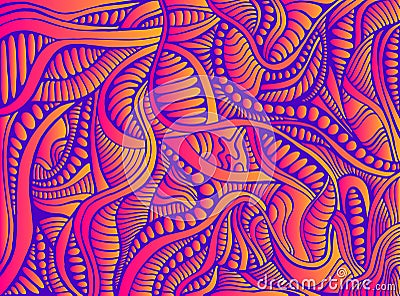 Bright vintage psychedelic abstract ornamental pattern. Gradient neon pink orange color, violet outline. Vector Illustration