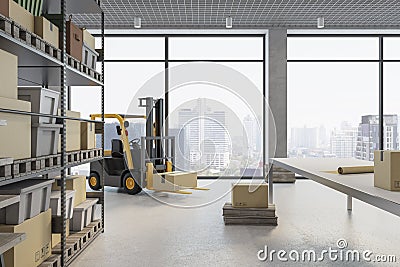 Bright warehouse with racks, boxes, city view and daylight. Logistics and shipping concept. Stock Photo