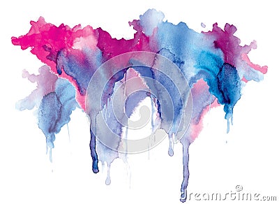 Bright watercolor blue-red stain drips. Abstract illustration on a white background. Banner for text, grunge element for Cartoon Illustration