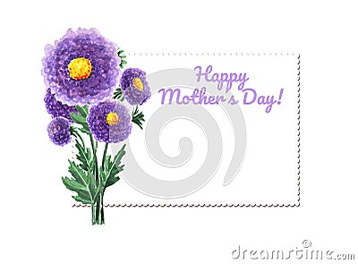 Bright watercolor card with purple flowers. Chrysanthemum isolated on white background. Botanical illustration for your invitation Cartoon Illustration