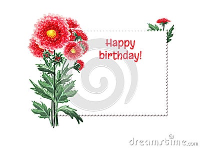 Bright watercolor card with red flowers. Chrysanthemum isolated on white background. Botanical illustration for your invitation Cartoon Illustration