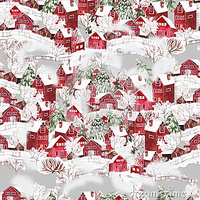 Bright watercolor christmas seamless pattern with funny winter village. Stock Photo