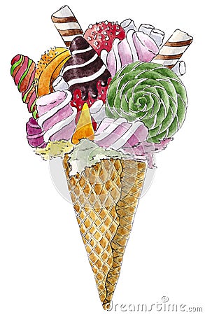 Bright watercolor illustration of sweetness in a waffle cone Cartoon Illustration