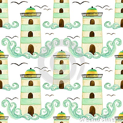 Bright watercolor pattern, lighthouse, waves and birds on white background. Seamless pattern for variouns products. Stock Photo