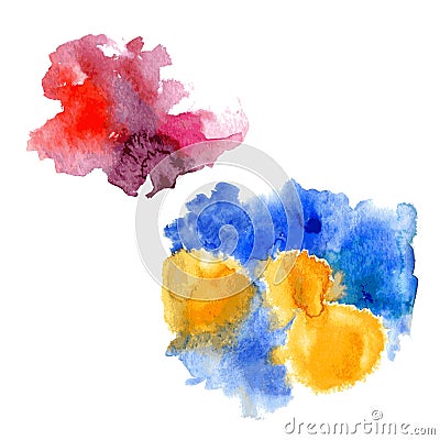 Bright watercolor pink-red stain drips and Blue yellow watercolor splash on white background. Vector Vector Illustration