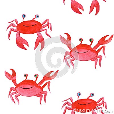 Bright watercolor seamless pattern. Crabs on a white background. Stock Photo