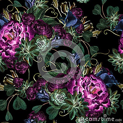 Bright watercolor seamless pattern with flowers roses, peony, succulents, Eustoma and eucalyptus. Stock Photo
