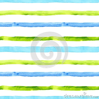 Bright watercolor seamless pattern with green and blue horizontal strips and lines on white background. Striped print Cartoon Illustration