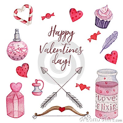 Bright watercolor set for Valentine`s Day Vector Illustration