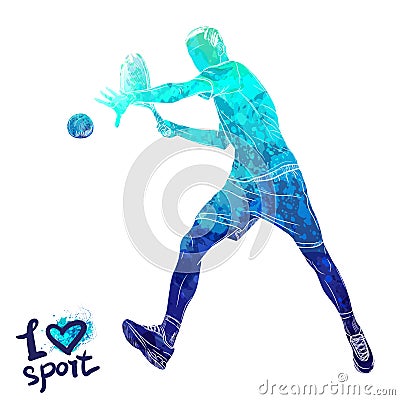 Bright watercolor silhouette of tennis player. Vector sport illustration. Graphic figure of the athlete. Active people Vector Illustration