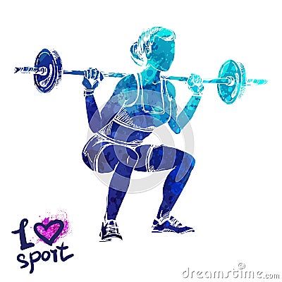 Bright watercolor silhouette of a women with a barbell. Vector sport illustration. Vector Illustration