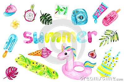 Colorful seamless watercolor summer set. Isolated objects on white background. Stock Photo