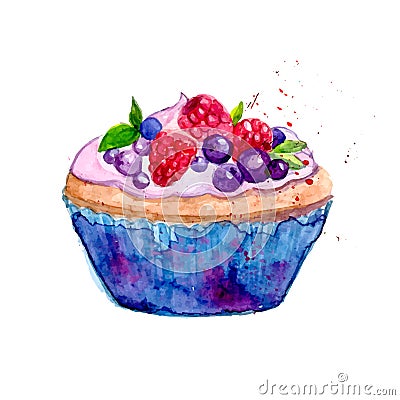 Bright watercolor tartlet illustration. Sweet vector dessert in blue package with berries: raspberry, blueberry and mint. Vector Illustration