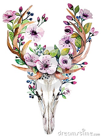 Bright watercolor vector deer skull with flowers Vector Illustration