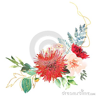 Bright Wedding bridal romanric bouquet. Hand drawing watercolor red and purple and green flowers ornament Stock Photo