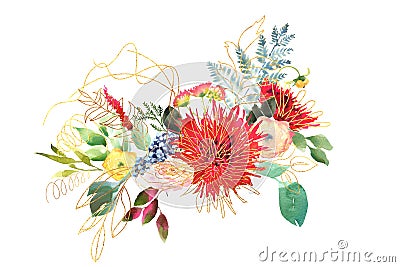 Bright Wedding bridal romanric bouquet. Hand drawing watercolor red and purple and green flowers ornament Stock Photo