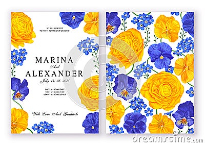 Bright wedding invitation design with realistic flowers of ranunculus, viola and forget-me-not. Vector Illustration