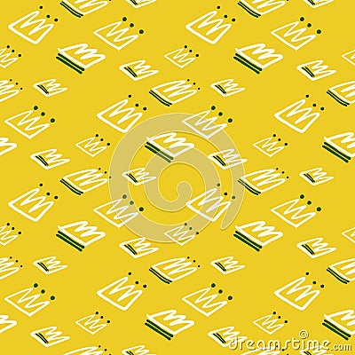 Bright white contoured crown silhouettes seamless pattern. Yellow background Cartoon Illustration