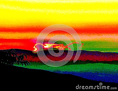 Bright winged lion in the horizon at the sunset, afternoon, particular cloud, colours in nature Stock Photo