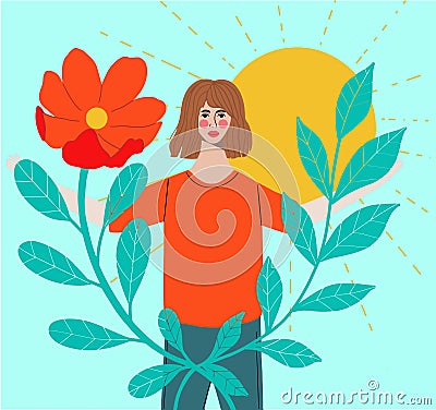 Bright woman portrait - Beautiful brunette with tanned skin. Tropical leaves, floral element on background. Female face Vector Illustration