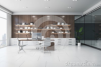 Bright wooden and concrete office interior with furniture, bookshelves with books, window with city view and daylight. Work and Stock Photo