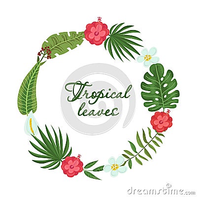 Bright wreath of colorful tropical leaves and flowers Vector Illustration