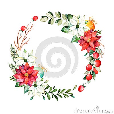 Bright wreath with leaves,branches,fir-tree,Christmas balls,berries,holly,pinecones,poinsettia. Cartoon Illustration