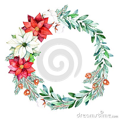 Bright wreath with leaves,branches,fir-tree,cotton flowers Cartoon Illustration