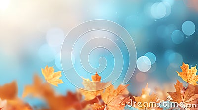 Bright yellow autumn leaves on a background of blue sunshine with bokeh. September 1. Generative AI. Stock Photo