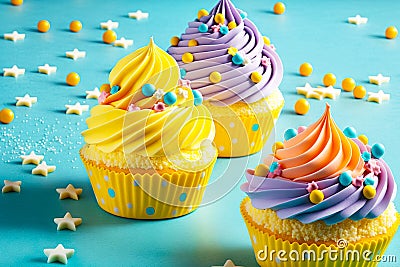 bright yellow cupcakes with colorful cream decorations for fun children's holiday Stock Photo