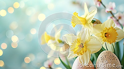 Bright yellow daffodils and speckled Easter eggs on a light background. Spring holiday composition for Easter holiday Stock Photo