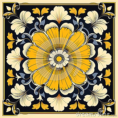 Baroque Realism: Floral And Leaf Tile Design On Black Background Stock Photo
