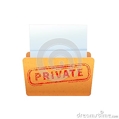 Bright yellow folder with red private stamp isolated on white Vector Illustration
