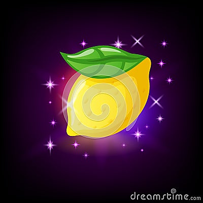 Bright yellow lemon fruit with green leaf, slot icon for online casino or logo for mobile game on dark purple background Vector Illustration