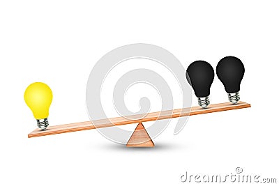 Bright yellow light bulb outweigh more than black light bulb on wooden balance scales with white background. Stock Photo