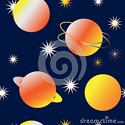 Seamless fairy space background with bright yellow planets and stars Vector Illustration