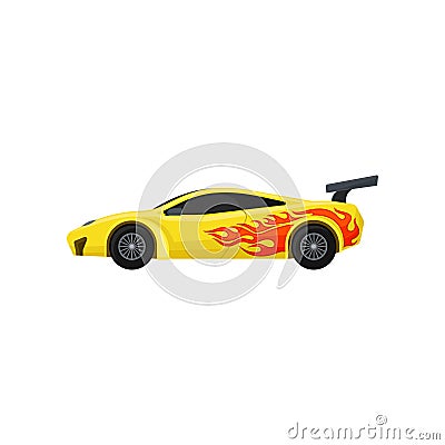 Bright yellow racing car with spoiler, tinted windows. Fast sports automobile with tongue of flame. Flat vector for Vector Illustration