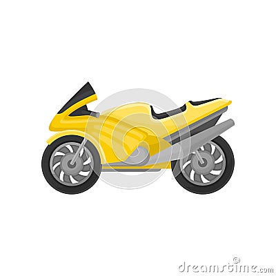 Bright yellow racing motorcycle. Modern sport bike. Two-wheeled motor vehicle. Flat vector icon Vector Illustration