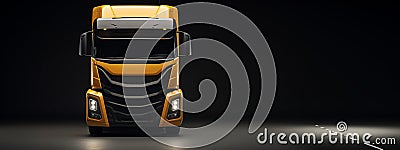 A Bright Yellow Semi Truck Parked in a Dimly Lit Room Stock Photo